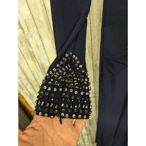Vince Camuto Long Sleeve Gown Maxi Dress Elegant Navy Embellished Ruched Waist 4 - Picture 3 of 14